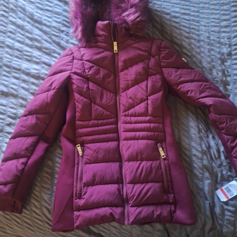 Michaels Burgundy Puffer Jacket with Faux Fur